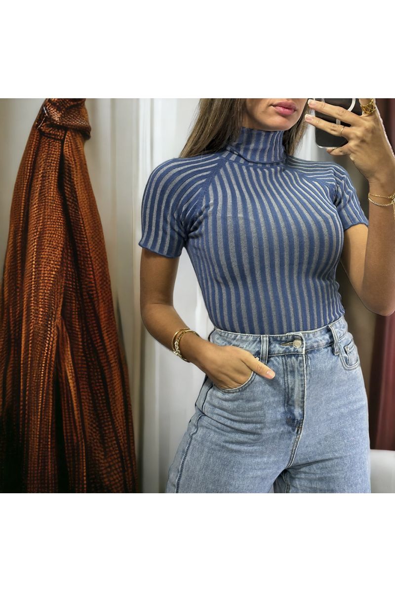 Very stretchy blue short-sleeved turtleneck top up to size 46 - 3