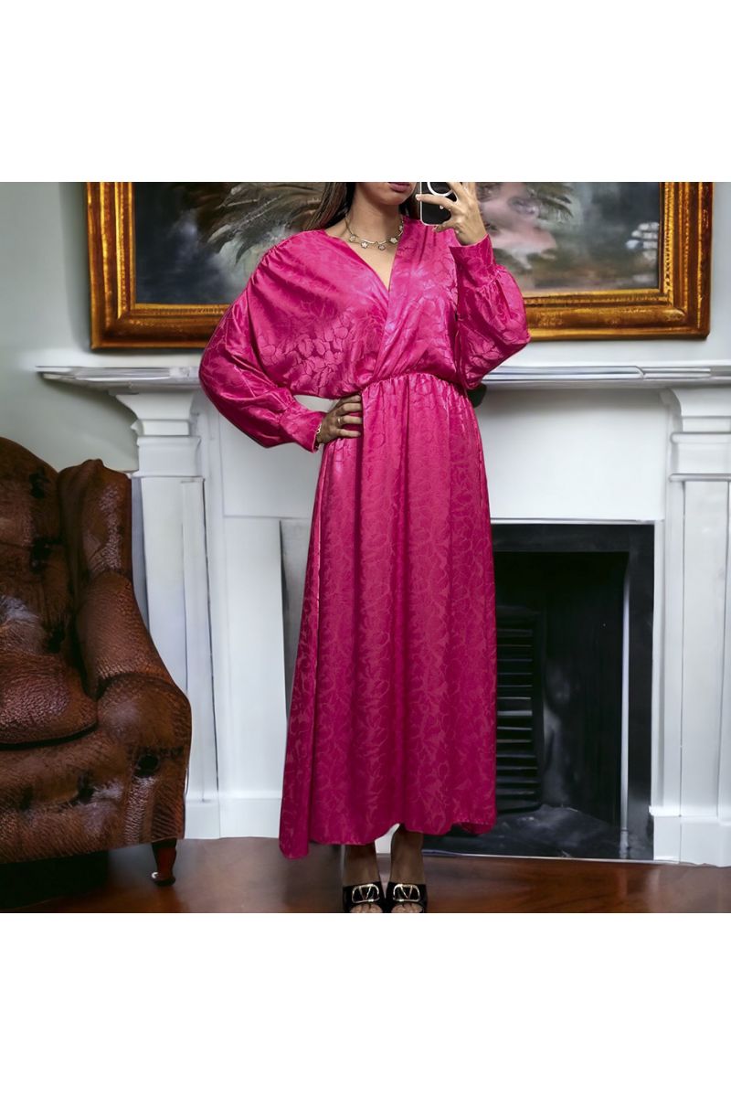 Long fuchsia wrap dress in shiny material with pattern - 2