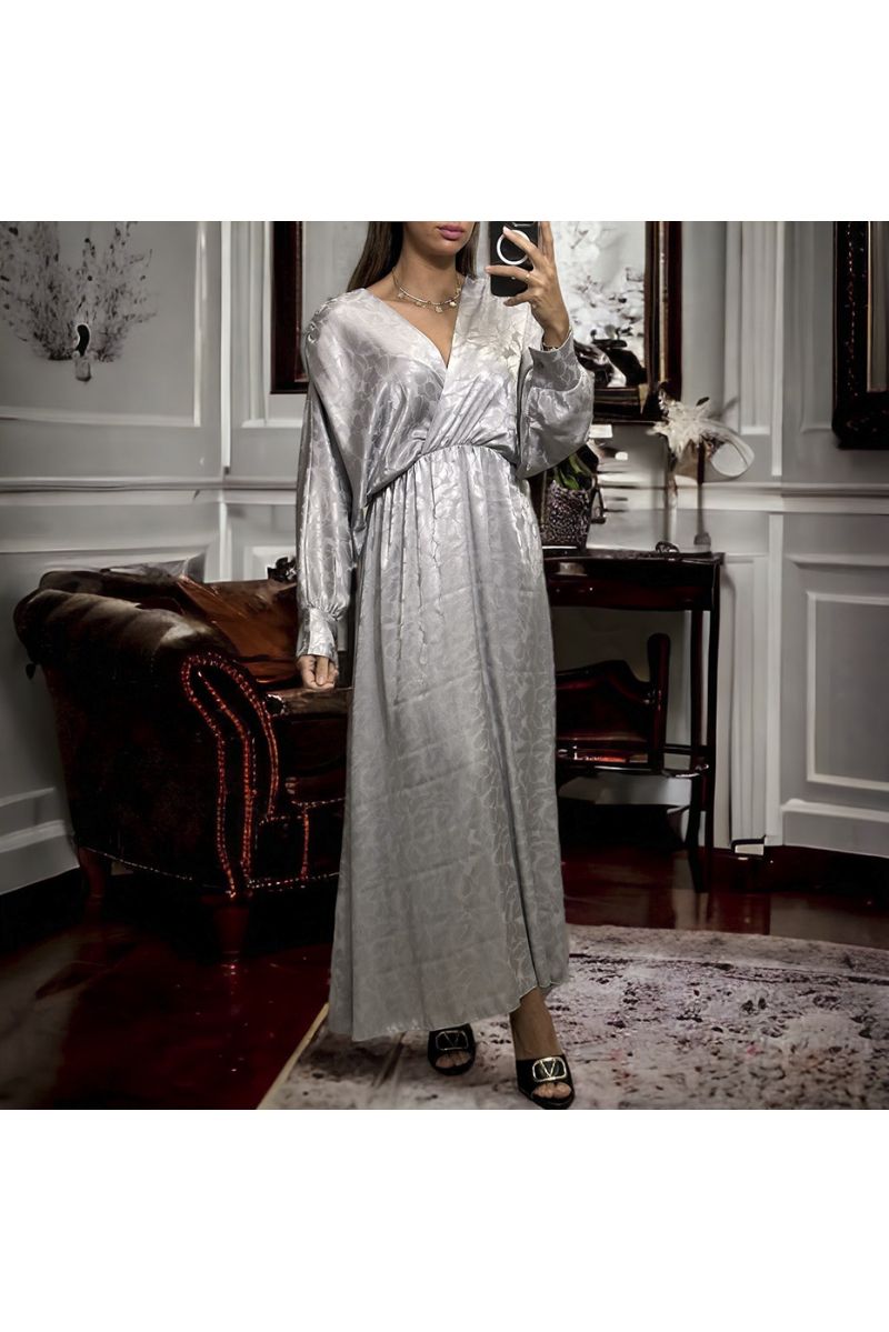 Long gray wrap dress with shiny patterned material - 3