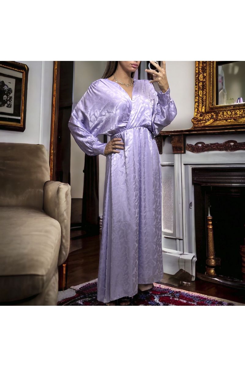 Long lilac wrap dress in shiny patterned material - 2
