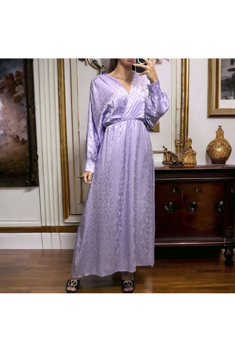 Long lilac wrap dress in shiny patterned material - 3