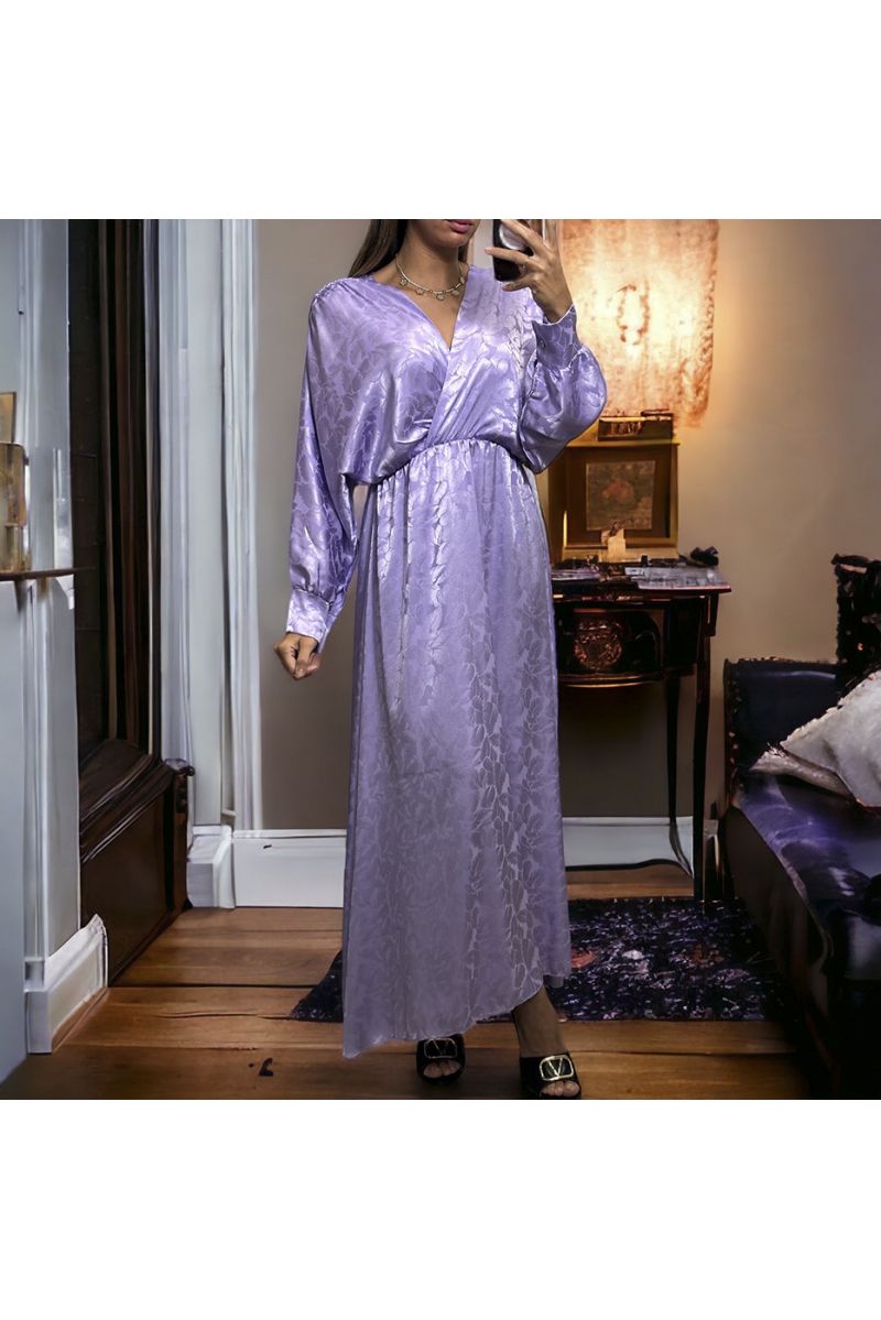 Long lilac wrap dress in shiny patterned material - 4