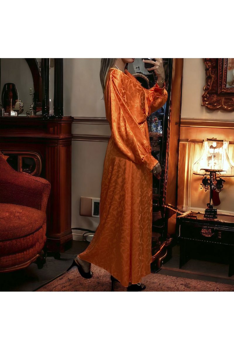 Long orange wrap dress in shiny patterned material - 1