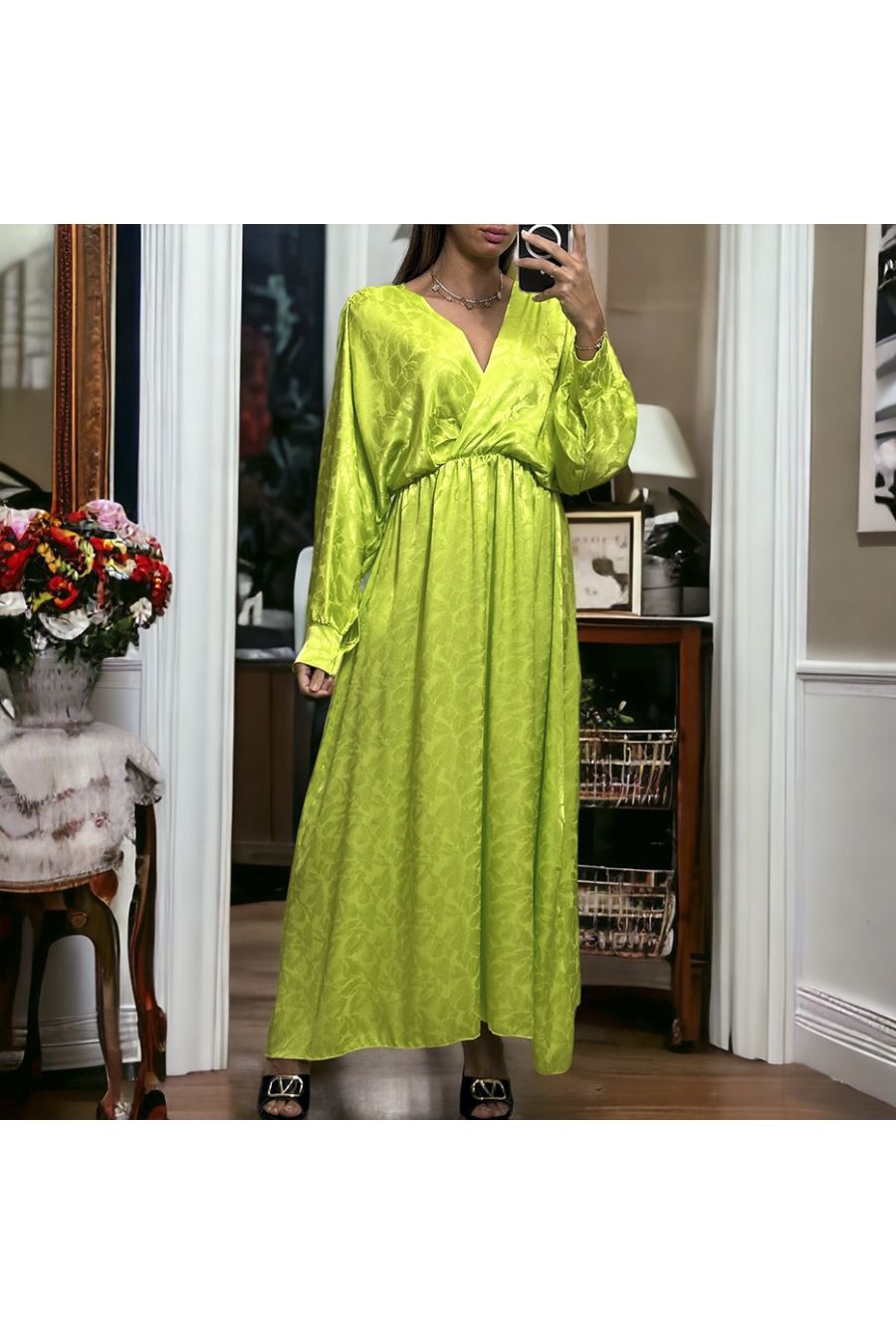 Long anise wrap dress in shiny patterned material - 3