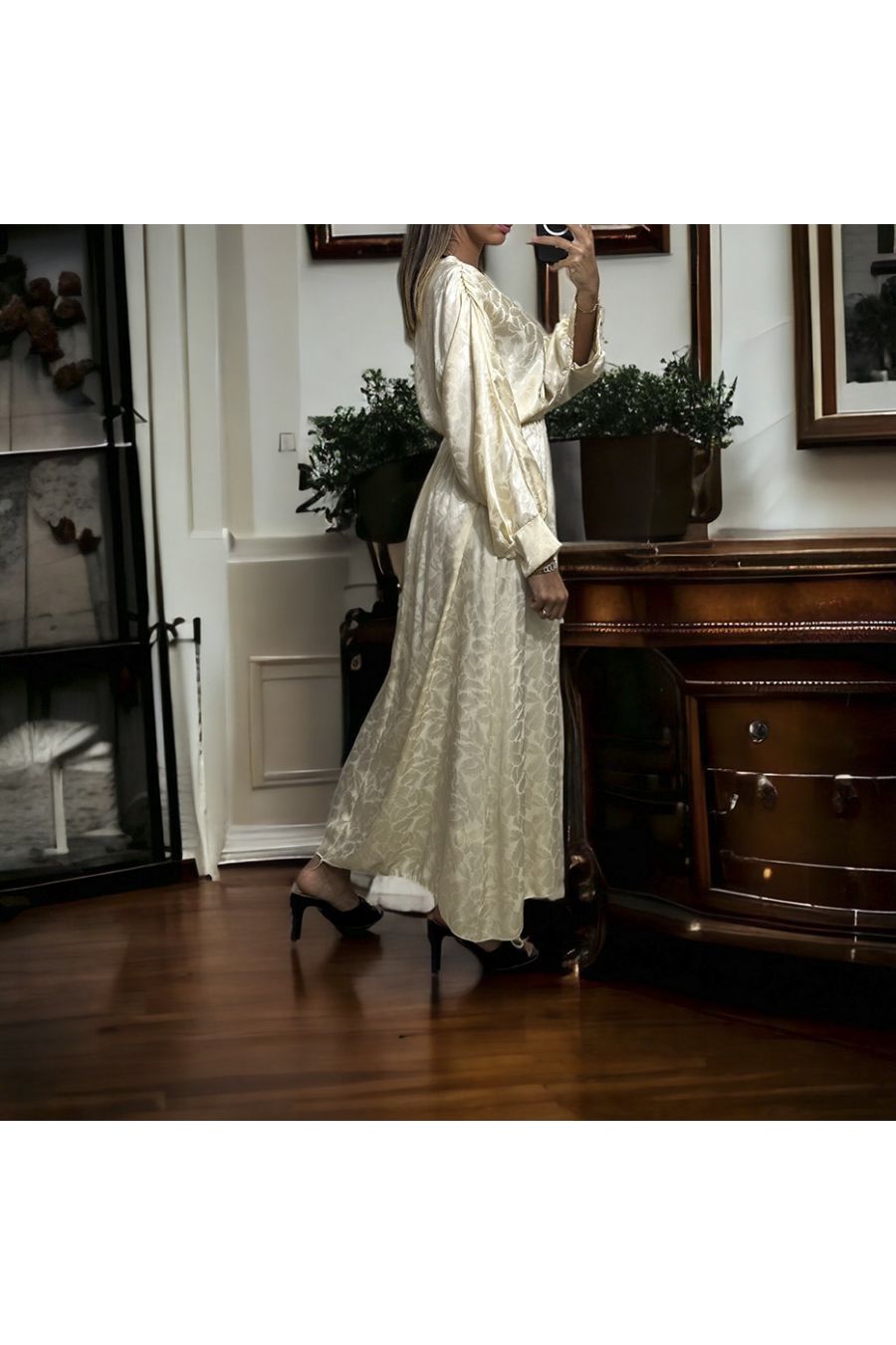 Long beige wrap dress with shiny patterned material - 1