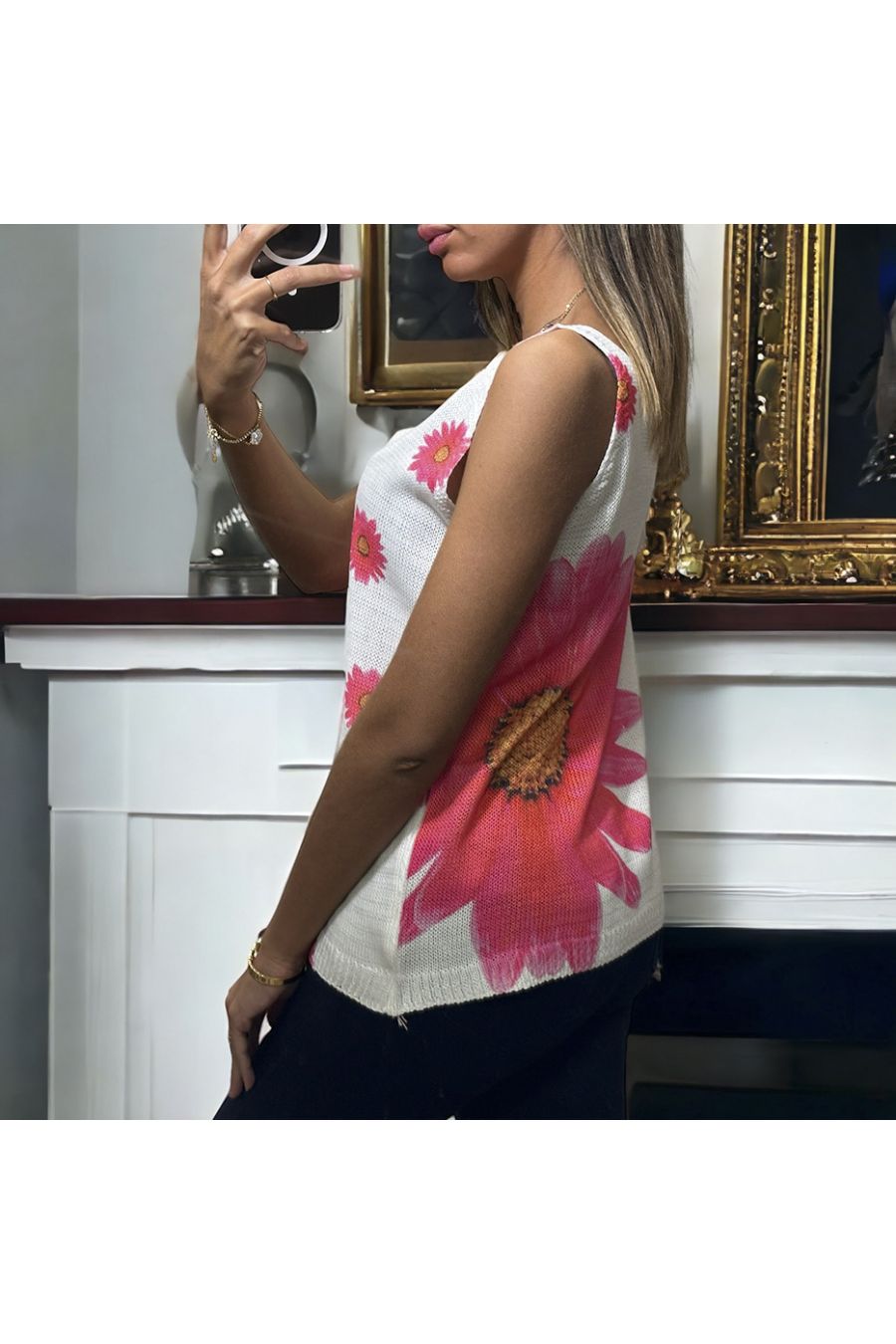 White and pink floral pattern knit tank top - 1