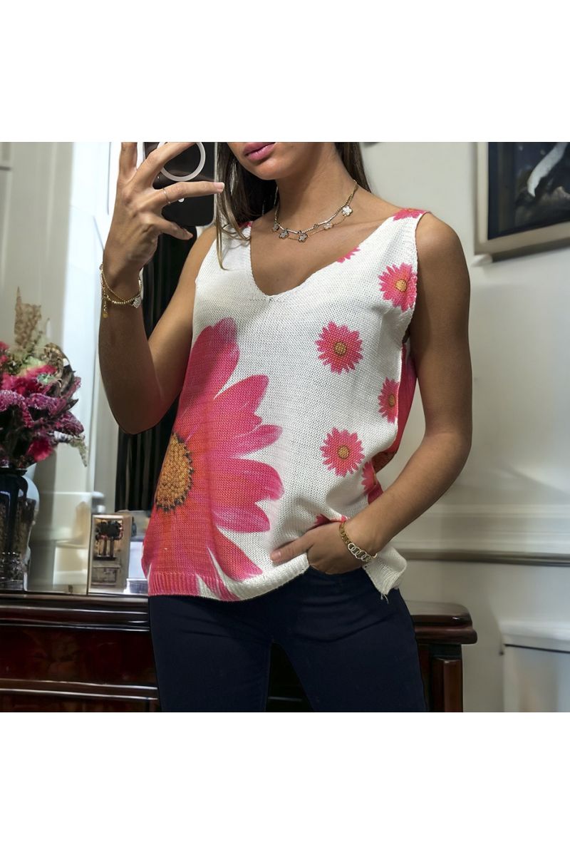 Gebreide tanktop met wit en roze bloemmotief - 2