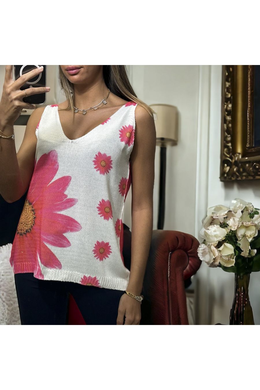 Gebreide tanktop met wit en roze bloemmotief - 3