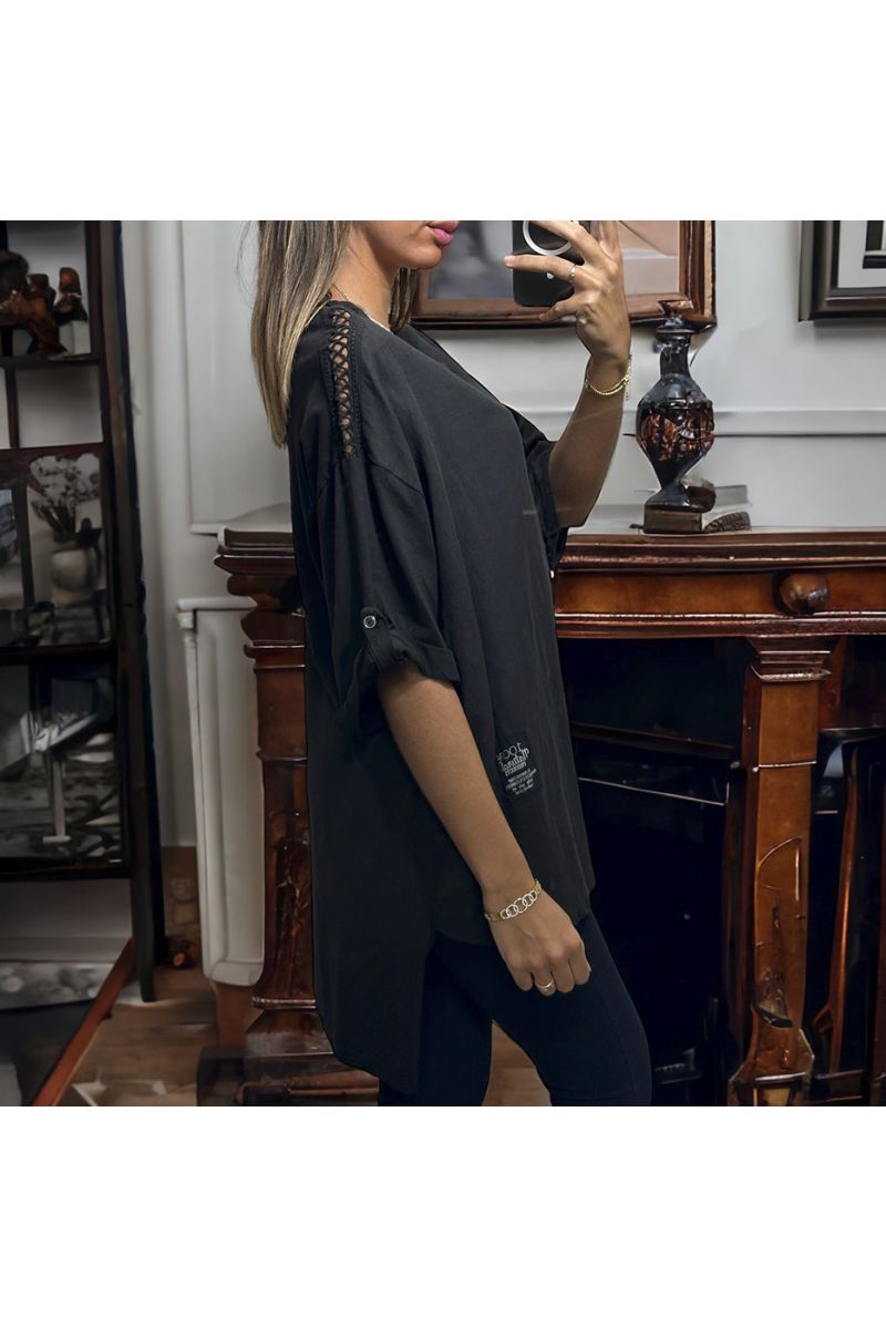Black oversize tunic with lace on the shoulders in washed cotton and linen - 1