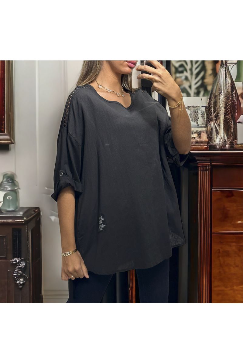 Black oversize tunic with lace on the shoulders in washed cotton and linen - 2