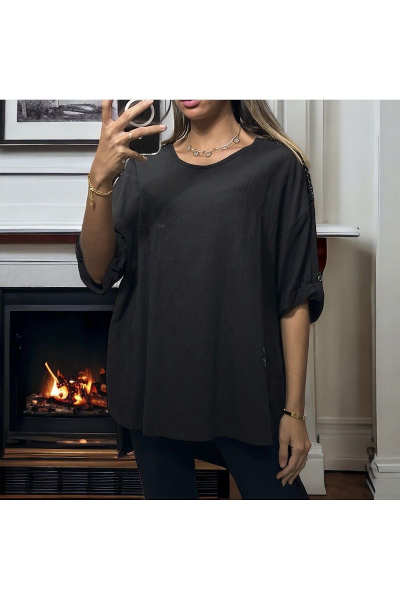 Black oversize tunic with lace on the shoulders in washed cotton and linen - 3
