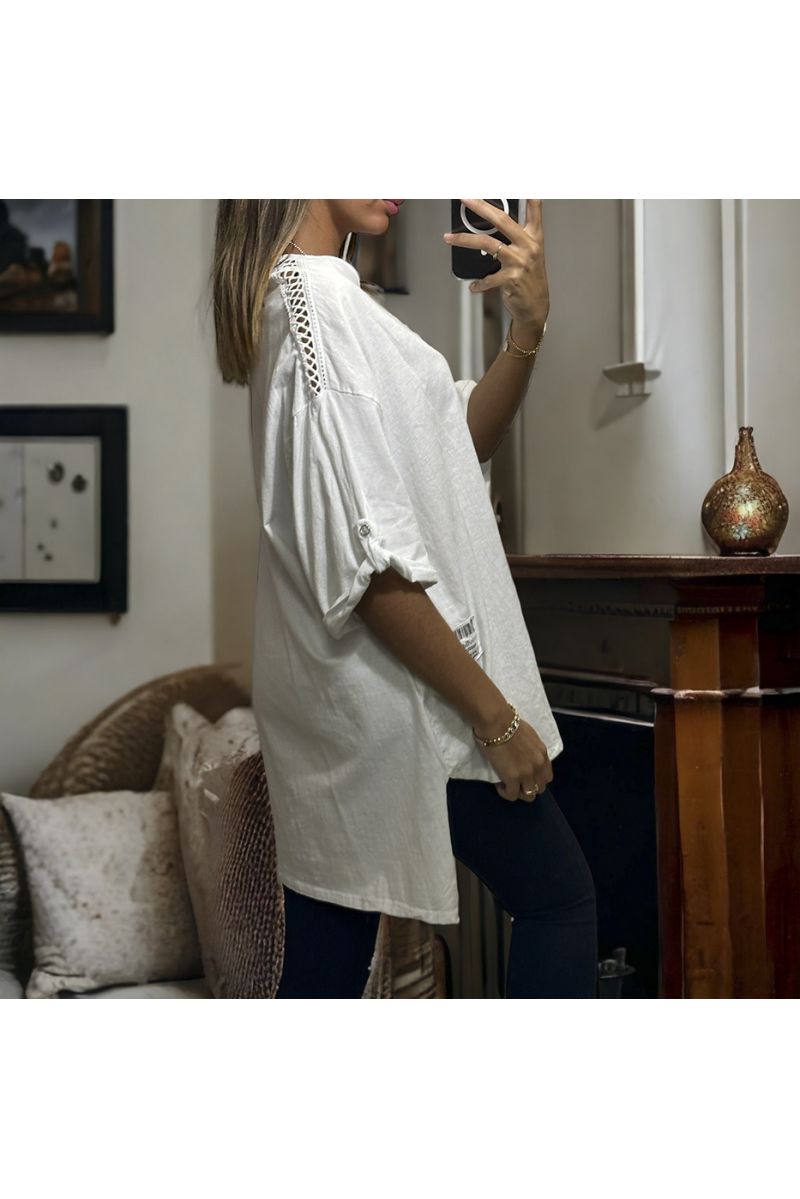 Oversized white tunic with lace on the shoulders in washed cotton and linen - 1