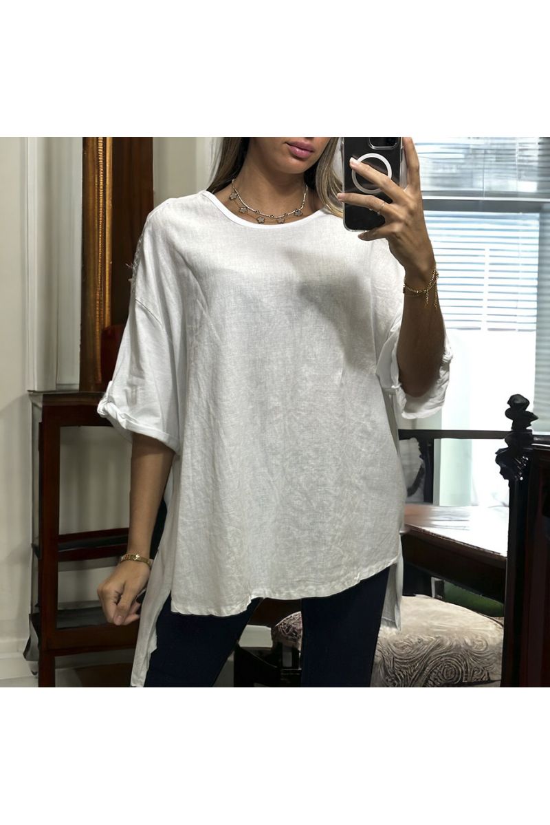 Oversized white tunic with lace on the shoulders in washed cotton and linen - 2