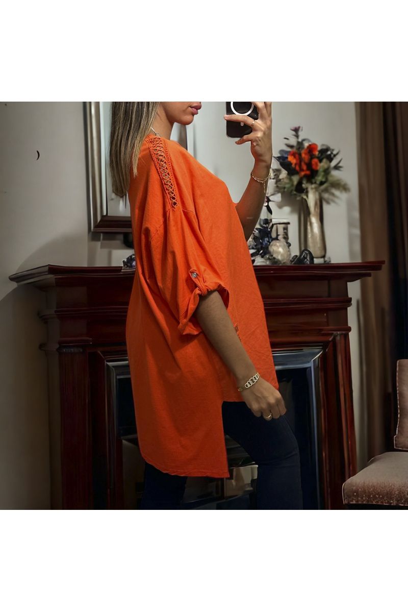 Orange oversize tunic with lace on the shoulders in washed cotton and linen - 1