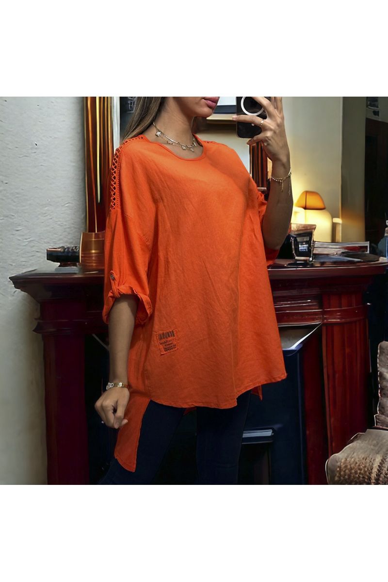 Orange oversize tunic with lace on the shoulders in washed cotton and linen - 2