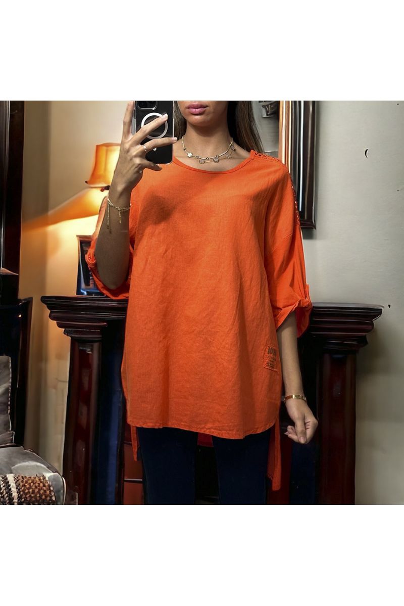 Orange oversize tunic with lace on the shoulders in washed cotton and linen - 3