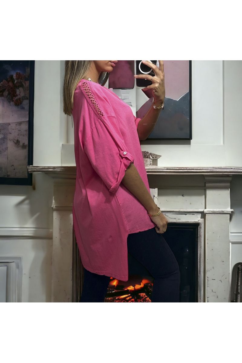 Oversized fuchsia tunic with lace on the shoulders in washed cotton and linen - 1