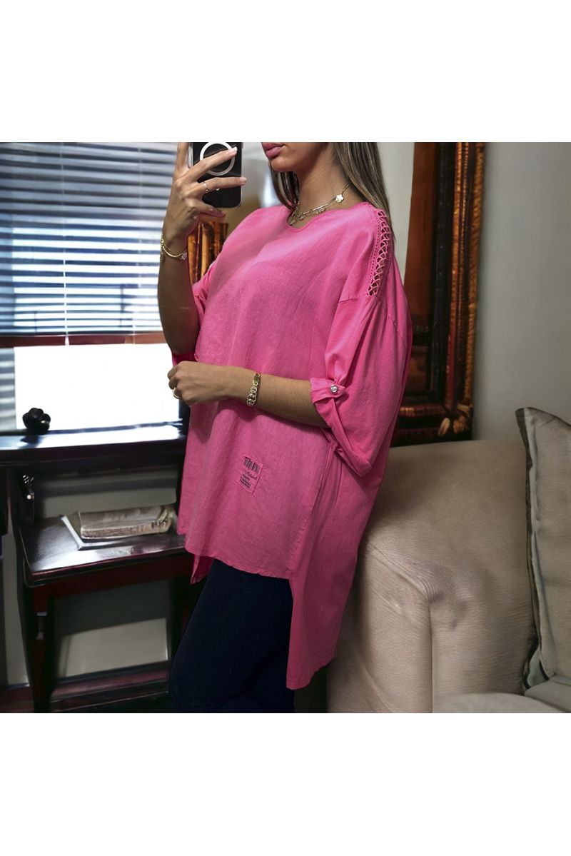 Oversized fuchsia tunic with lace on the shoulders in washed cotton and linen - 2