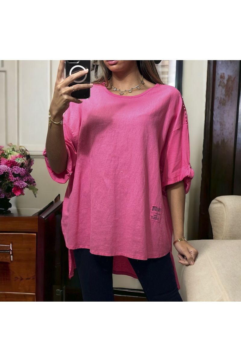 Oversized fuchsia tunic with lace on the shoulders in washed cotton and linen - 3