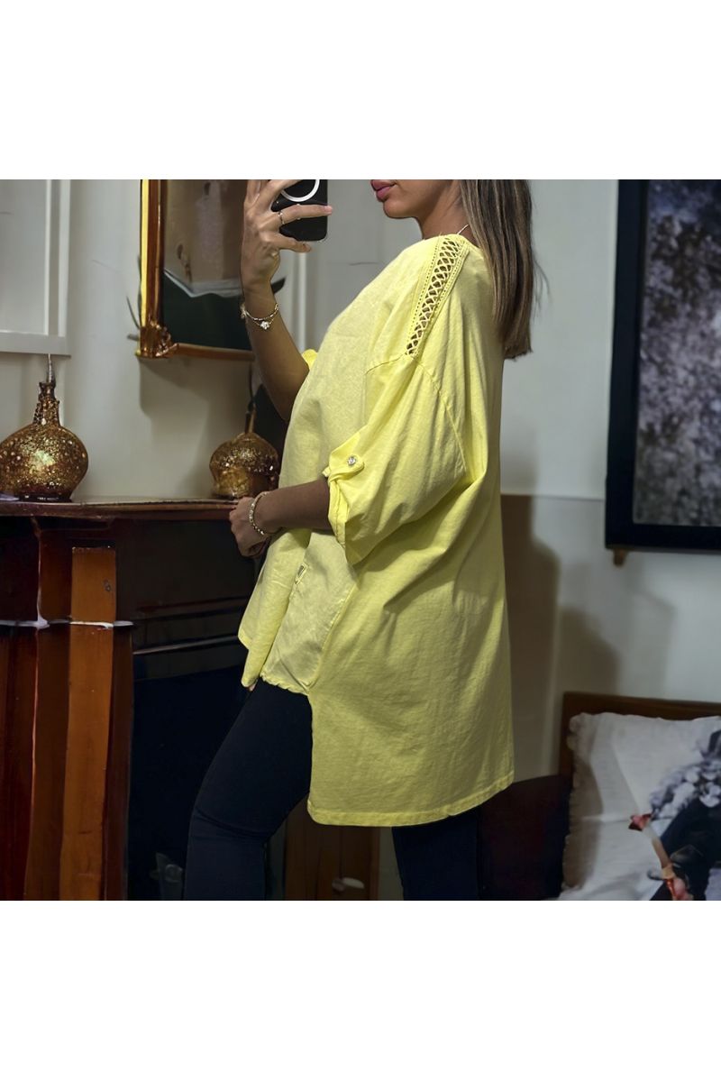 Oversized yellow tunic with lace on the shoulders in washed cotton and linen - 1