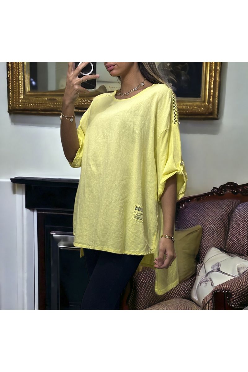 Oversized yellow tunic with lace on the shoulders in washed cotton and linen - 2
