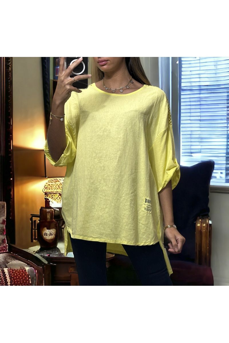 Oversized yellow tunic with lace on the shoulders in washed cotton and linen - 3
