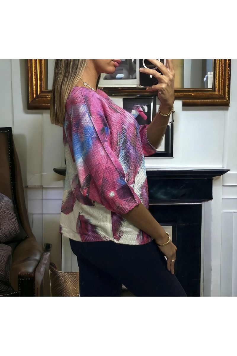 Oversized lilac batwing top with leaf pattern in knit knit - 1