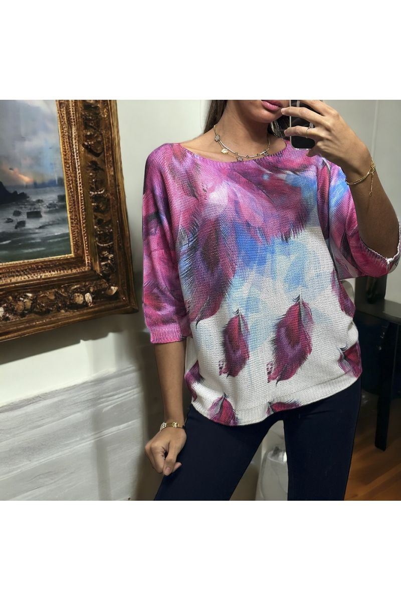 Oversized lila vleermuisvleugeltop met bladpatroon van tricot - 2