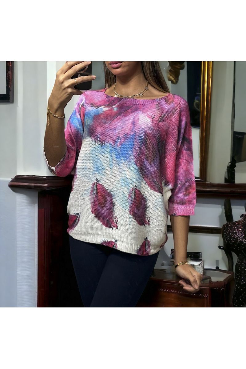 Oversized lilac batwing top with leaf pattern in knit knit - 3