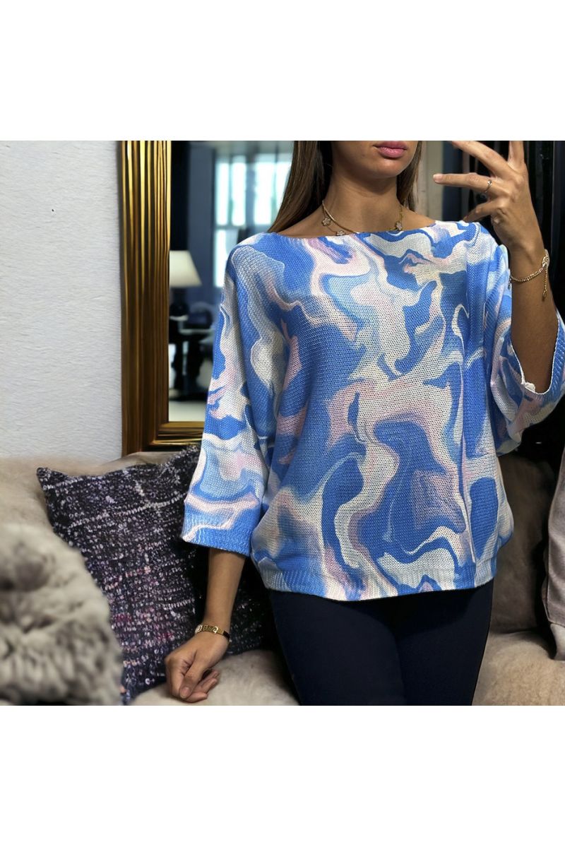 Haut over size manche chauve souris bleu motif militaire en maille tricot - 2