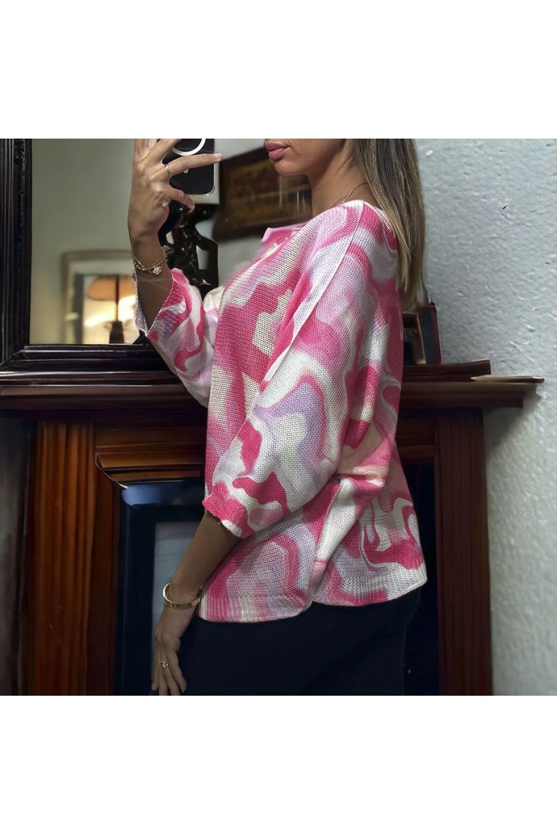 Haut over size manche chauve souris rose motif militaire en maille tricot - 1