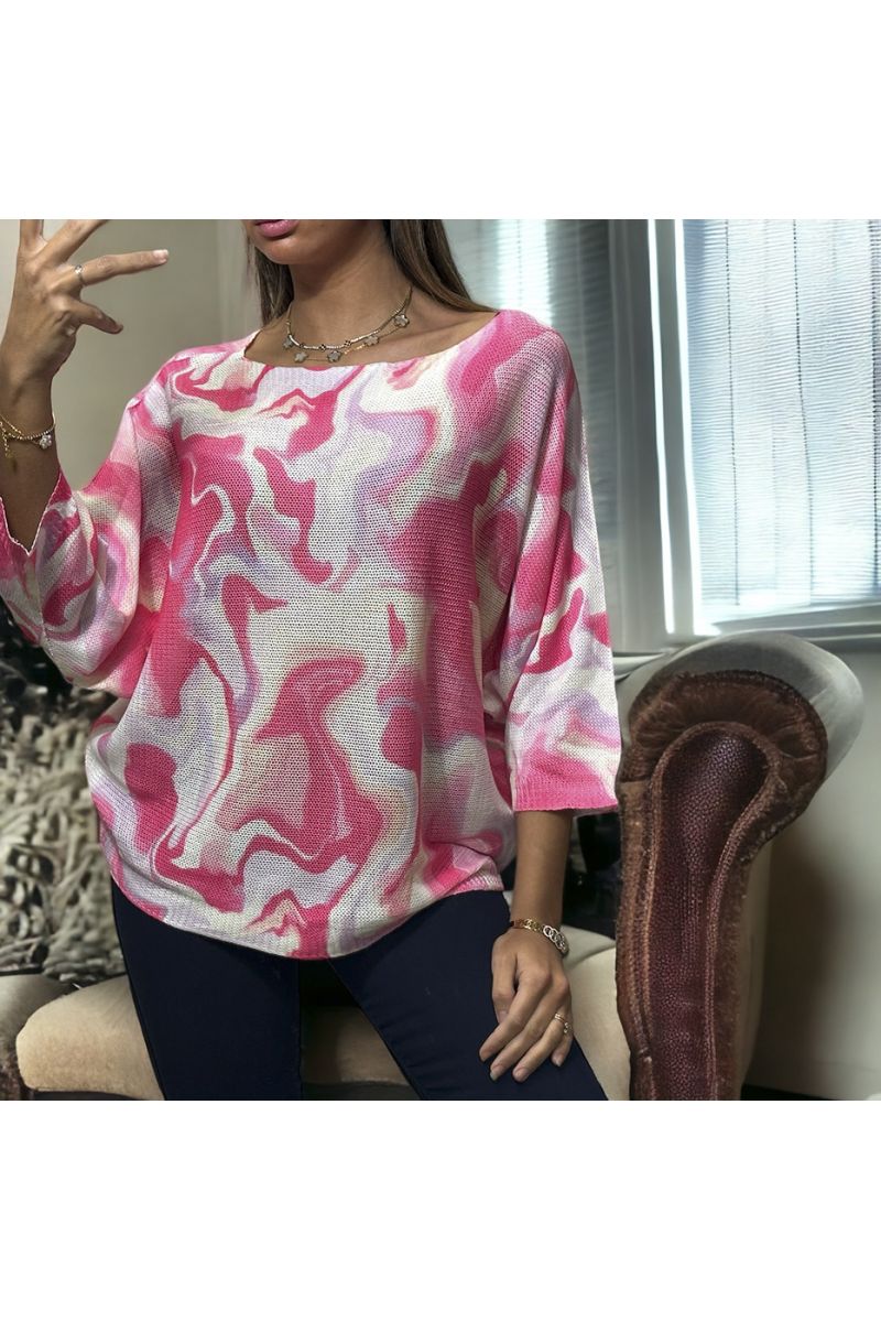 Oversized roze vleermuisvleugeltop met militair patroon in gebreid breisel - 2 Oversized roze vleermuisvleugeltop met militair patroon in gebreid breisel - 2