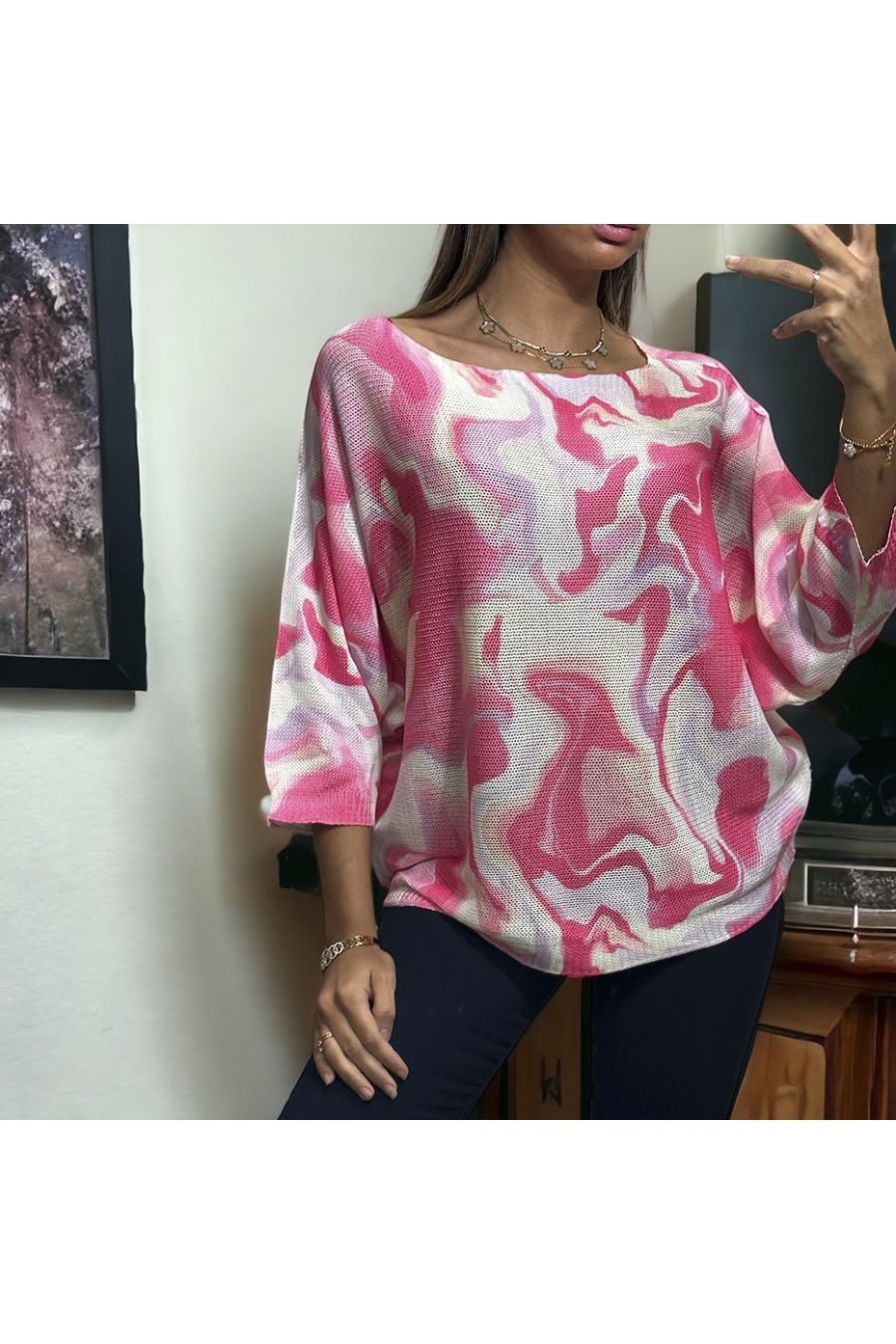Oversized roze vleermuisvleugeltop met militair patroon in gebreid breisel - 3