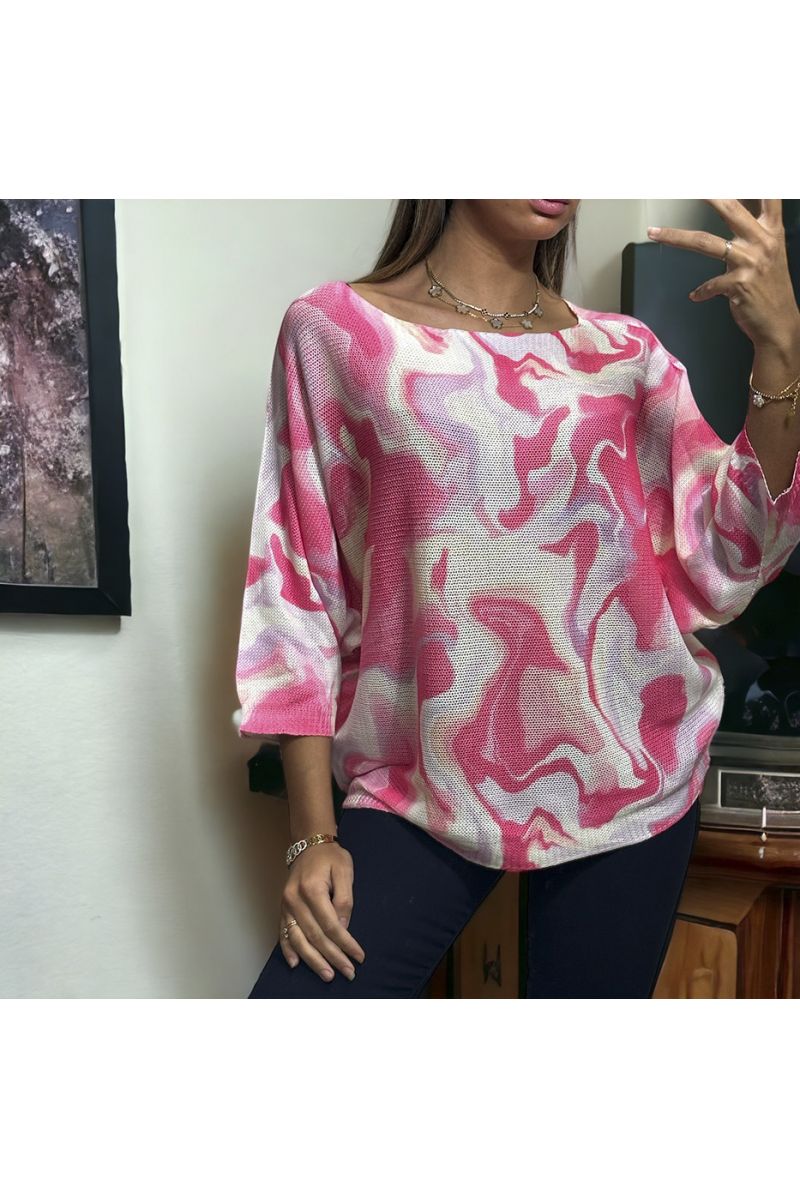Oversized roze vleermuisvleugeltop met militair patroon in gebreid breisel - 3 Oversized roze vleermuisvleugeltop met militair patroon in gebreid breisel - 3