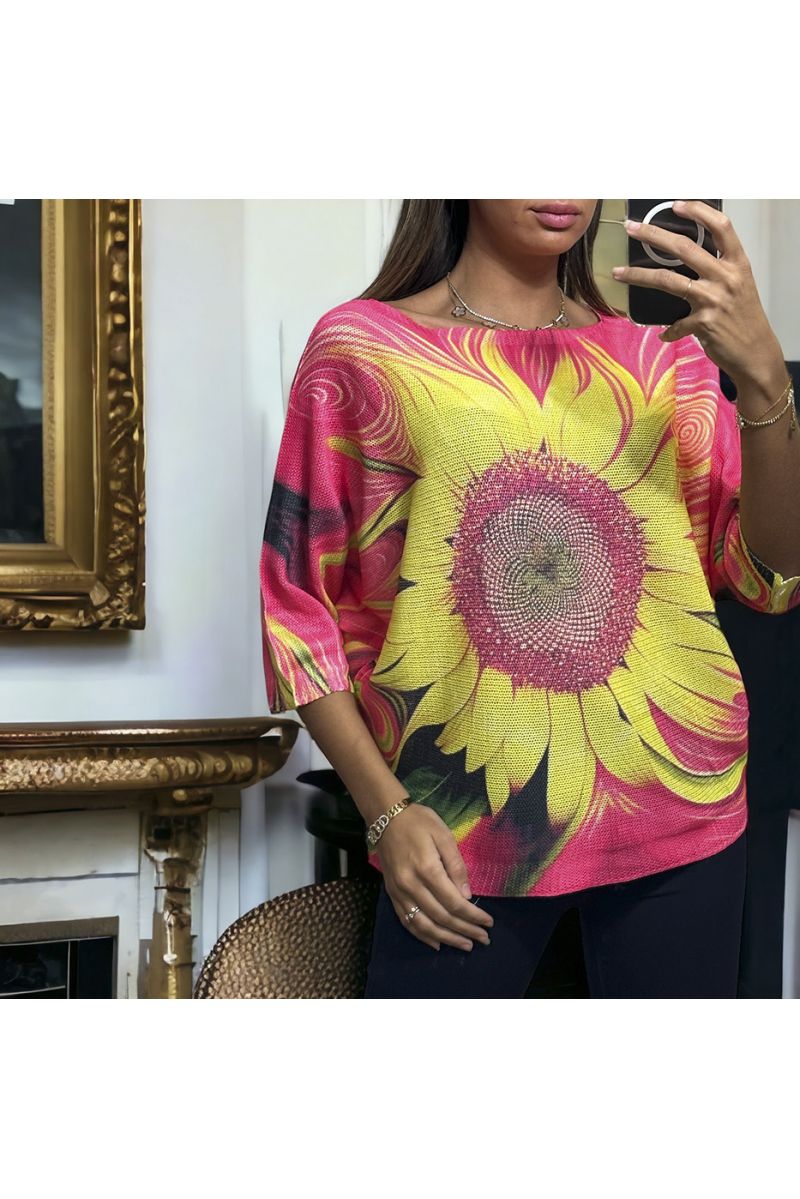 Oversized top met fuchsia vlindermouwen en gebreid bloemenpatroon - 3 Oversized top met fuchsia vlindermouwen en gebreid bloemenpatroon - 3