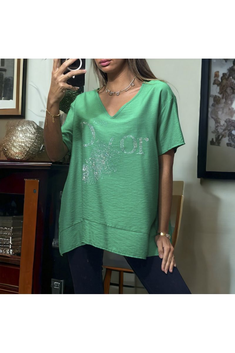 Green oversize tunic with inspired drawing and writing in rhinestones - 2