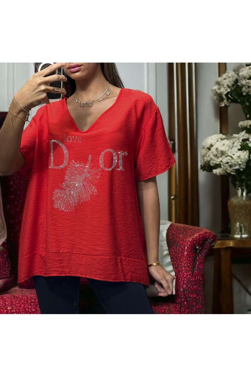 Tunique over size rouge avec dessin et écriture inspi en strass - 2 Tunique over size rouge avec dessin et écriture inspi en strass - 2