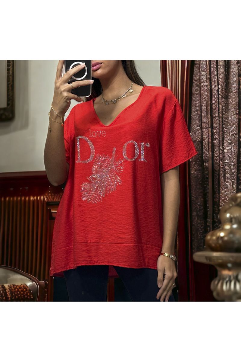 Tunique over size rouge avec dessin et écriture inspi en strass - 3 Tunique over size rouge avec dessin et écriture inspi en strass - 3