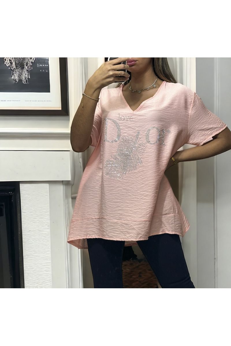 Pink oversize tunic with inspired drawing and writing in rhinestones - 2