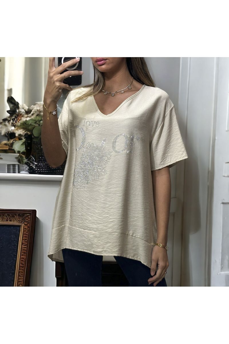 Beige oversize tunic with inspired drawing and writing in rhinestones - 2