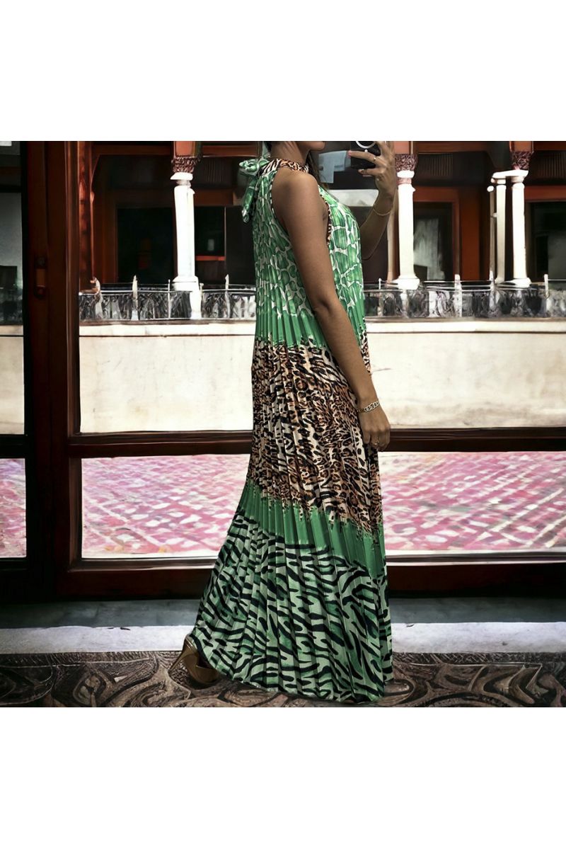 Lange groene geplooide jurk met luipaardpatroon - 1
