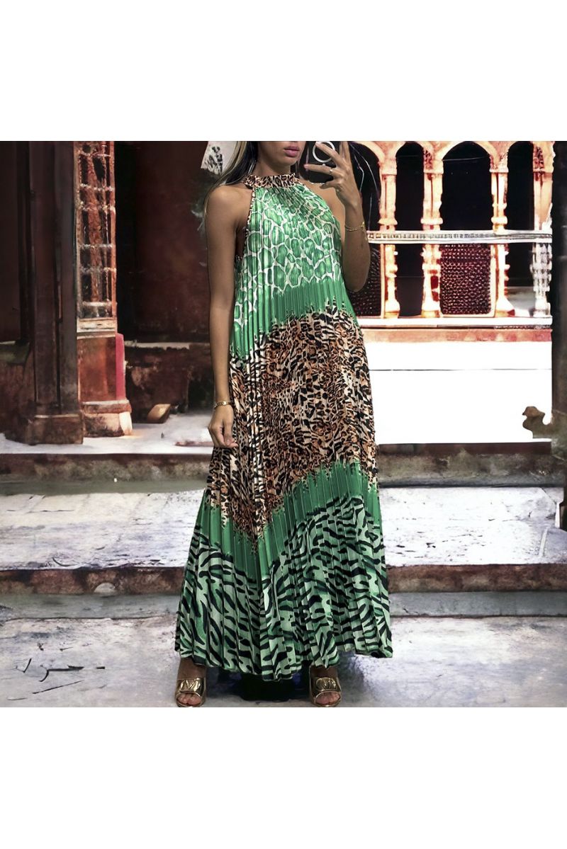 Lange groene geplooide jurk met luipaardpatroon - 2
