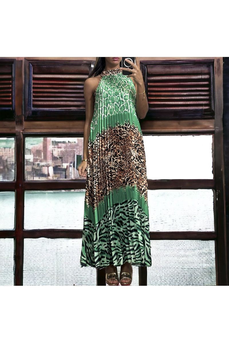 Lange groene geplooide jurk met luipaardpatroon - 3