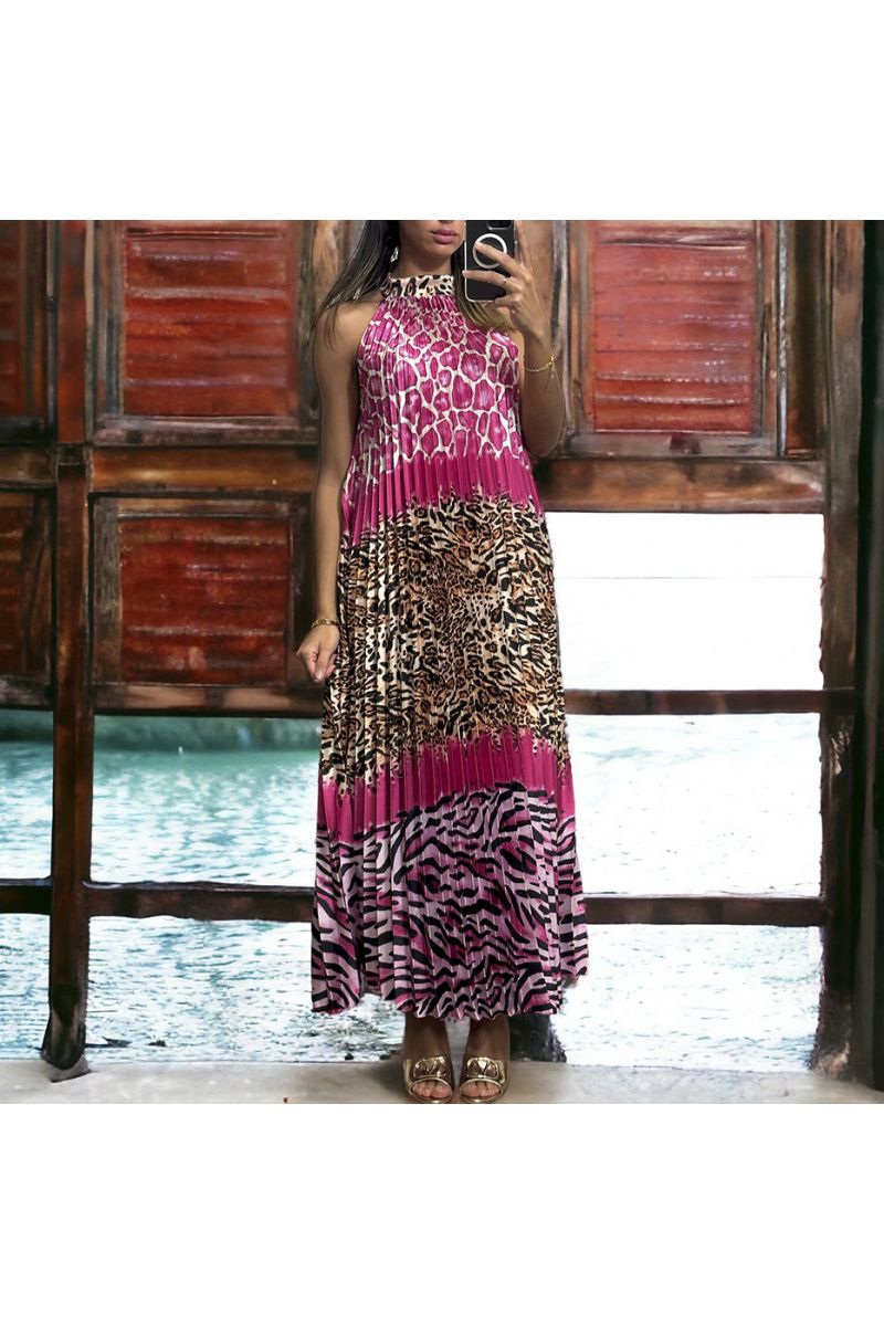 Lange fuchsia geplooide jurk met luipaardpatroon - 2