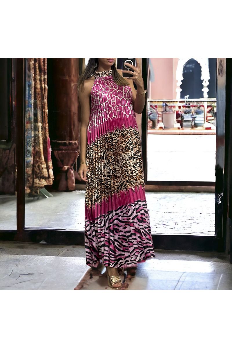 Lange fuchsia geplooide jurk met luipaardpatroon - 3