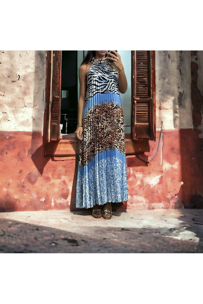 Lange turquoise geplooide jurk met luipaardpatroon - 3