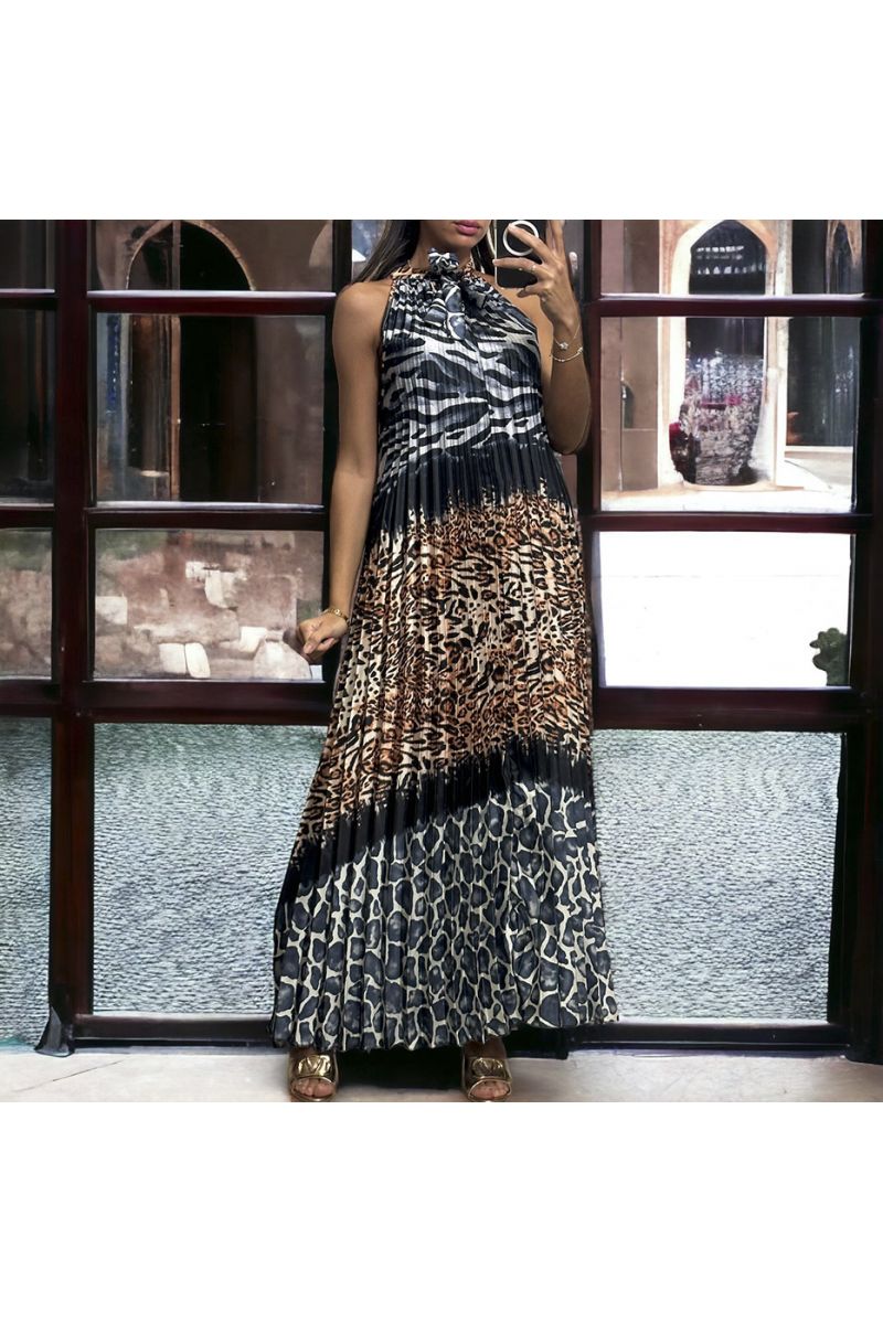 Long black pleated dress with leopard pattern - 2 Long black pleated dress with leopard pattern - 2