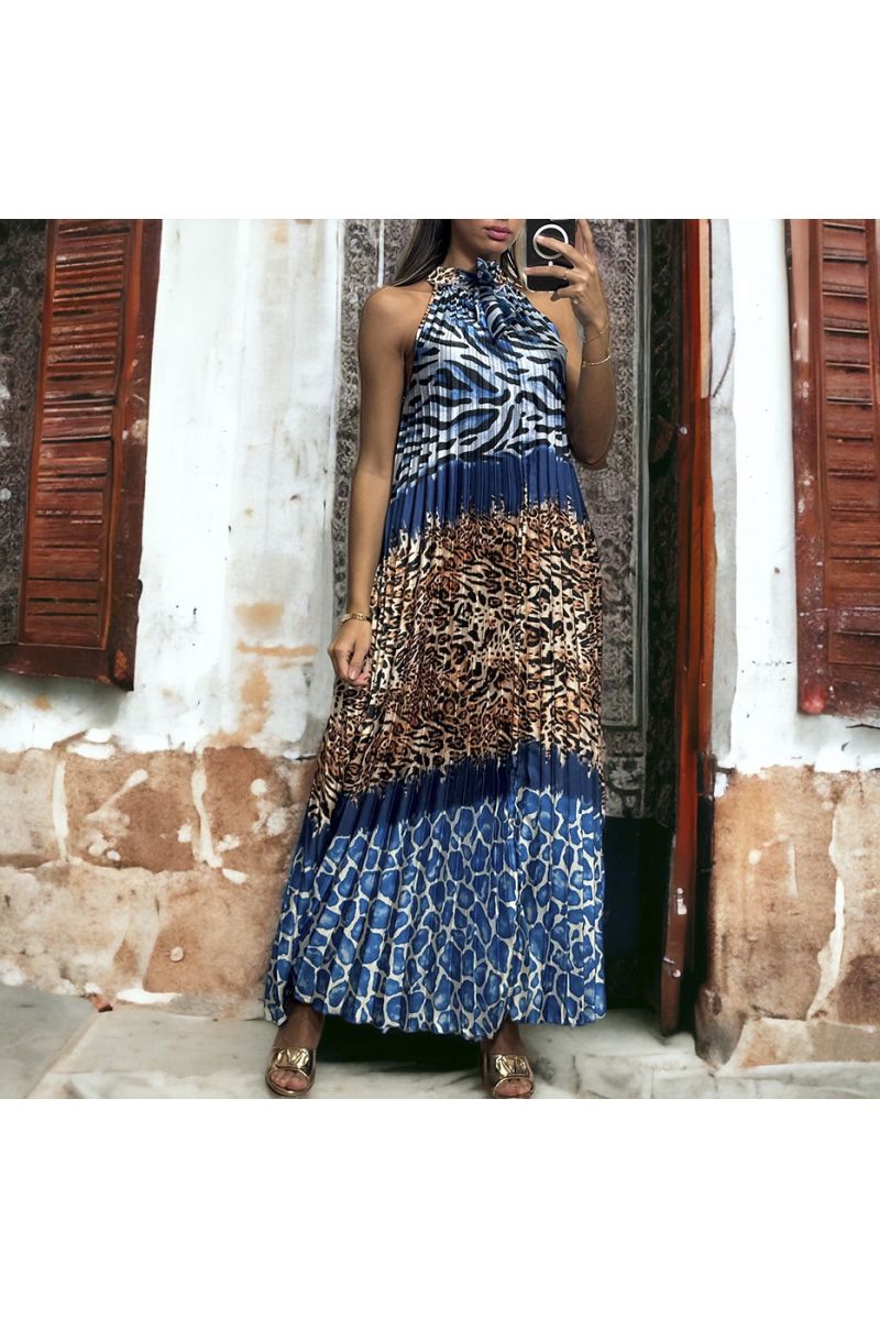 Lange donkerblauwe geplooide jurk met luipaardpatroon - 1