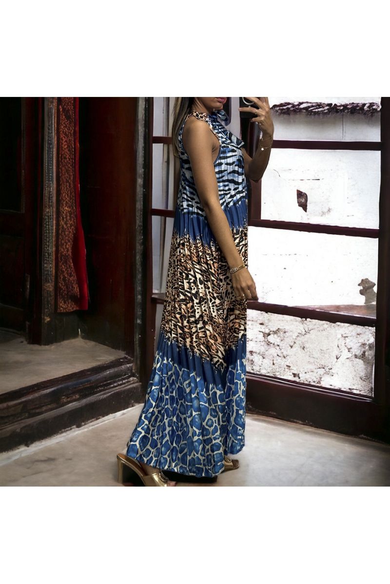 Lange donkerblauwe geplooide jurk met luipaardpatroon - 2