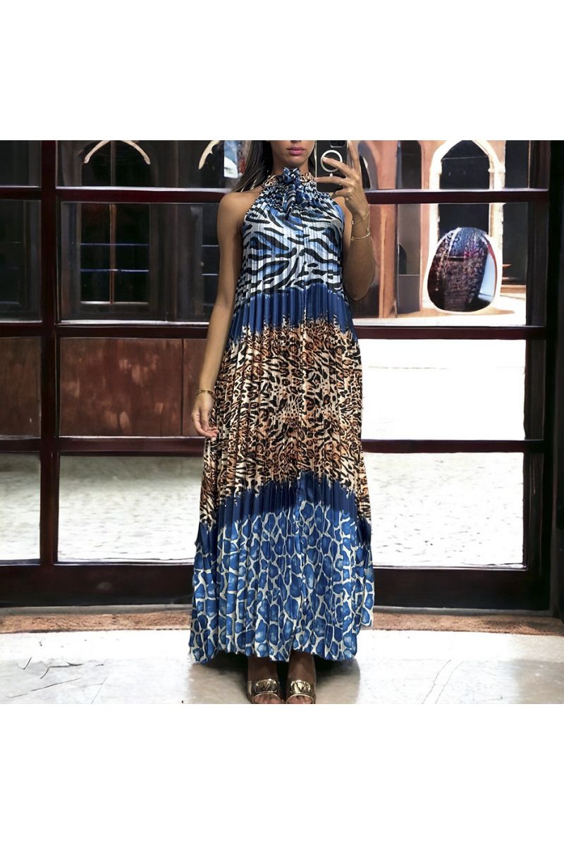 Lange donkerblauwe geplooide jurk met luipaardpatroon - 3